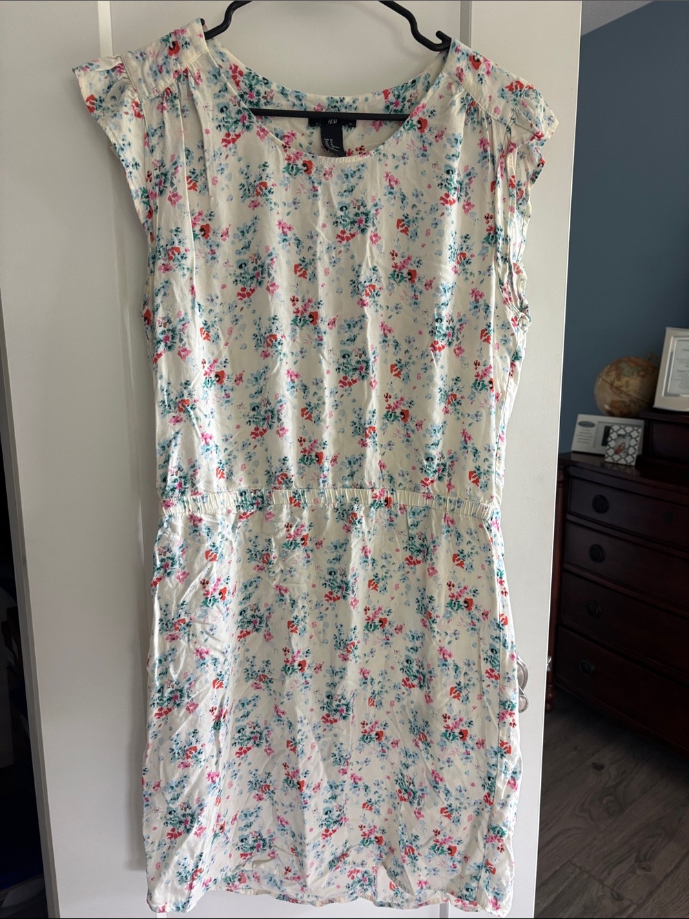 H&M Cream Midi Dress with Pink & Blue Floral Print